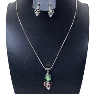 Vintage Sterling Silver Necklace Earrings Set Art Glass Handcrafted Green Beads